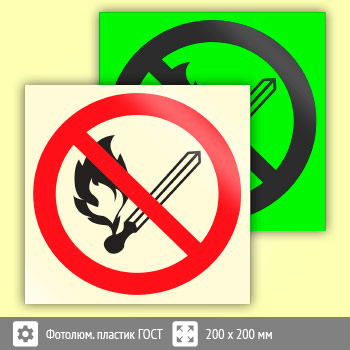 Знак P02 «Запрещается пользоваться открытым огнем и курить» (фотолюминесцентный пластик ГОСТ 34428-2018, 200х200 мм)
